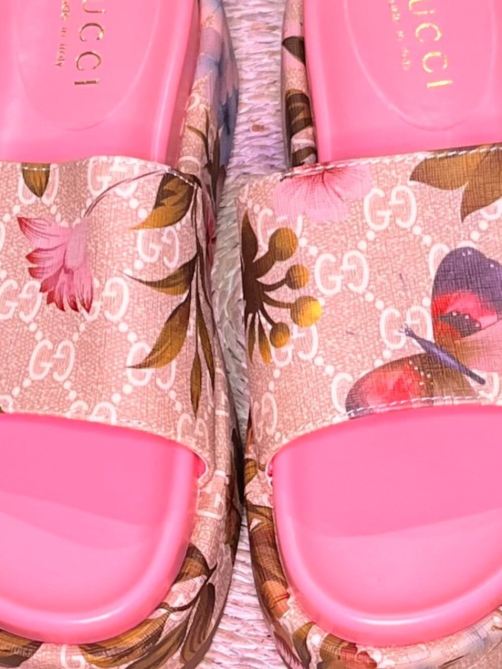 Gucci Beige & Pink Floral Monogram Platform Slide Sandals - Picture 4 of 4